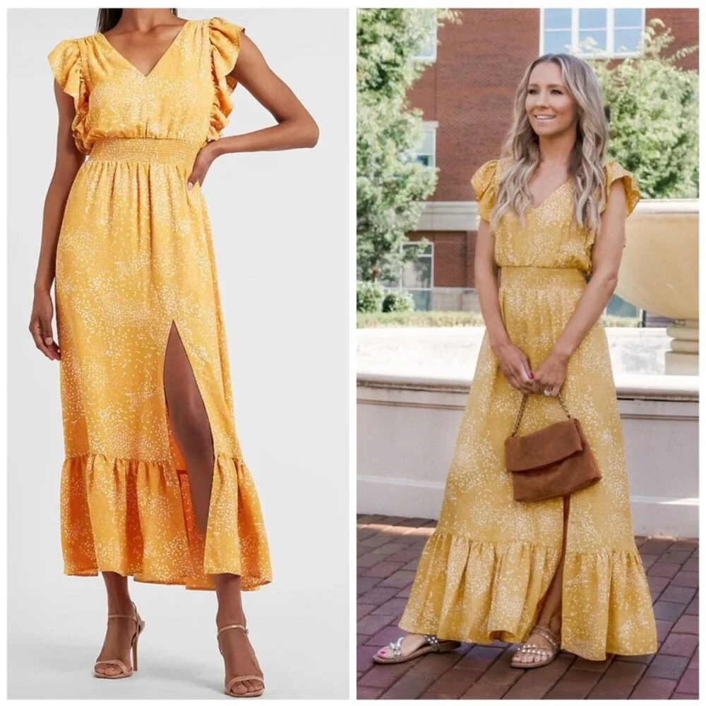 Express Printed Ruffle Sleeve Maxi Dress in Yellow - Picture 1 of 7